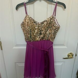 Juniors’ Gold & Violet Mini Strapped Dress: Hailey Logan by Adrianna Papell